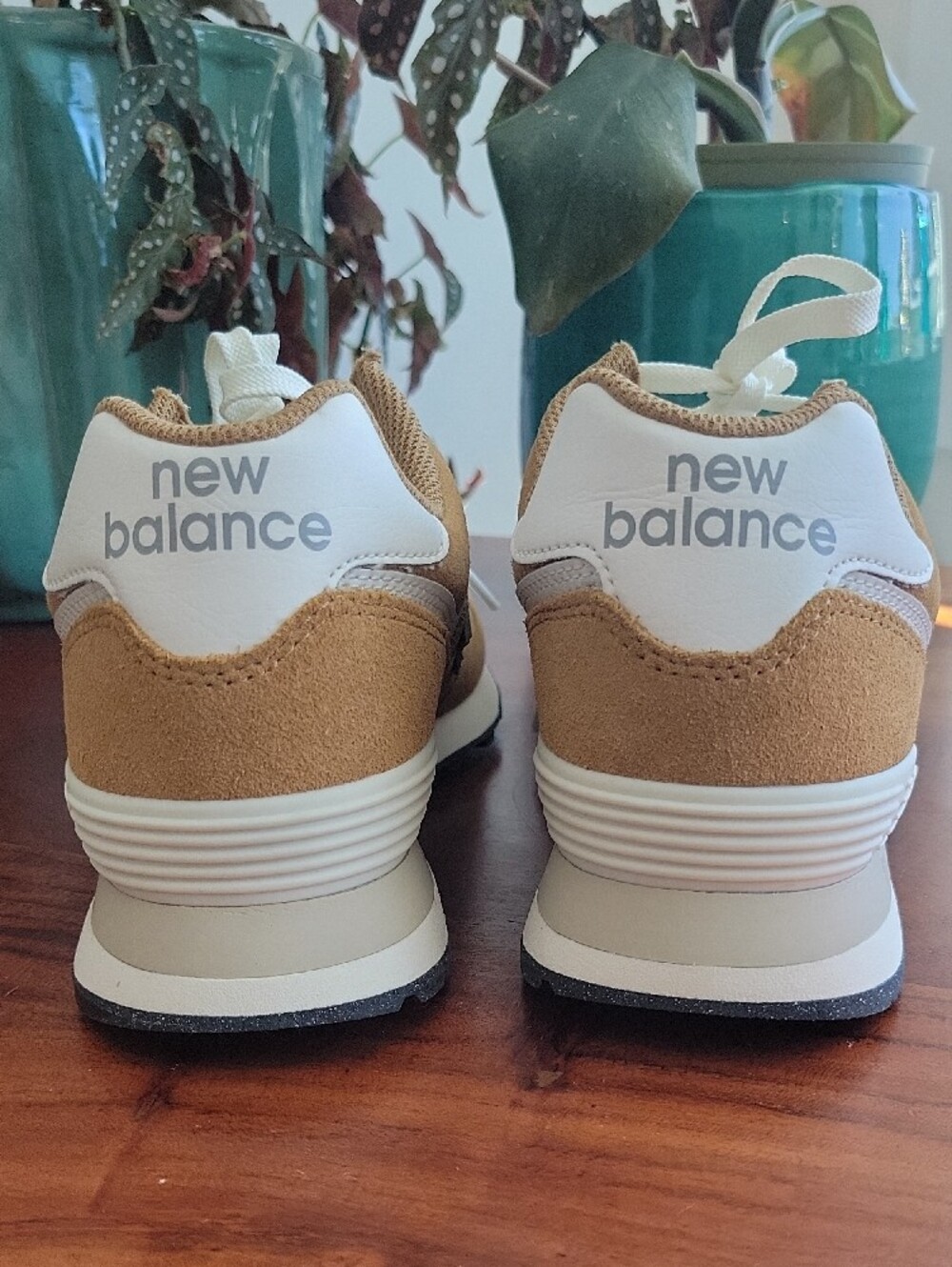 New Balance Women’s Tan Suede 574 Retro Sneakers with Cream Accents (New) - Picture 3 of 8